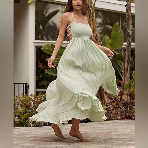 Free People Extratropical Romantic Open Back Tiered Ruffle Pastel Color Maxi - Picture 8 of 12